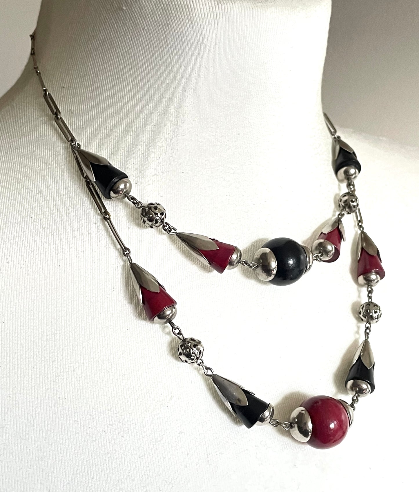 Vintage Jakob Bengel Art Deco machine age silver tone / chrome with deep cherry red and black galalith bead geometric double strand necklace