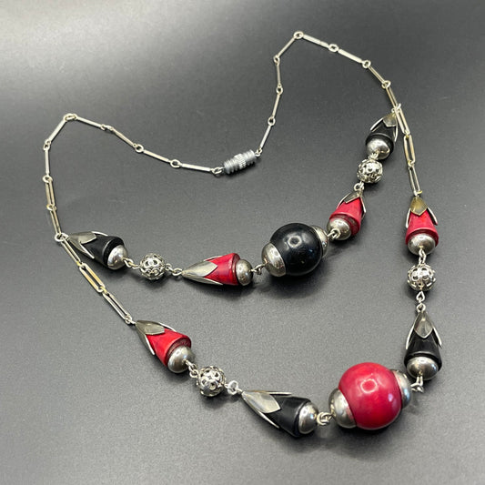 Vintage Jakob Bengel Art Deco machine age silver tone / chrome with deep cherry red and black galalith bead geometric double strand necklace