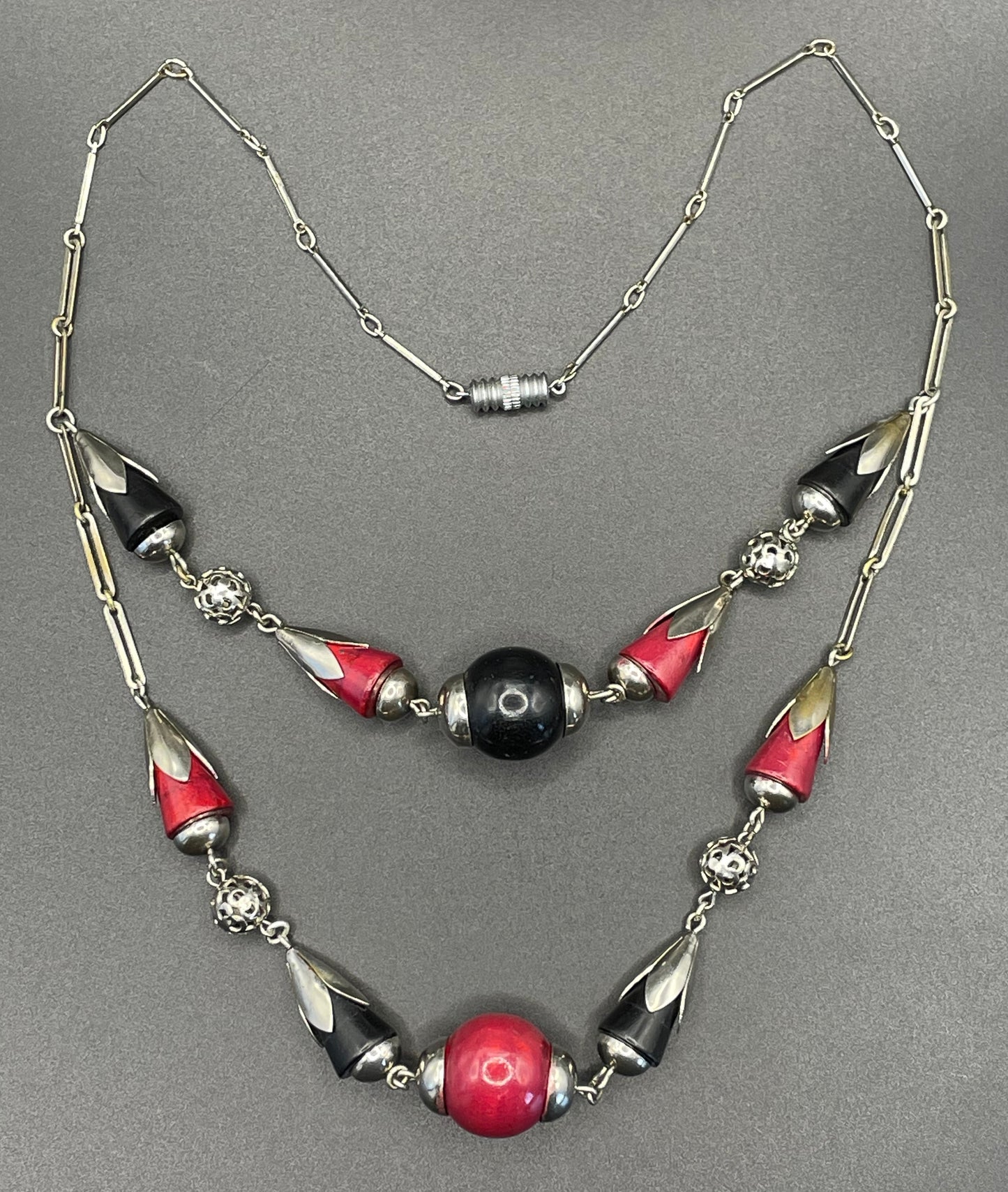 Vintage Jakob Bengel Art Deco machine age silver tone / chrome with deep cherry red and black galalith bead geometric double strand necklace