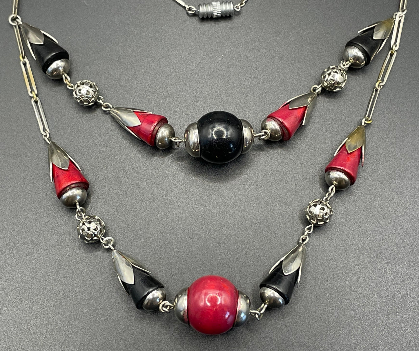 Vintage Jakob Bengel Art Deco machine age silver tone / chrome with deep cherry red and black galalith bead geometric double strand necklace