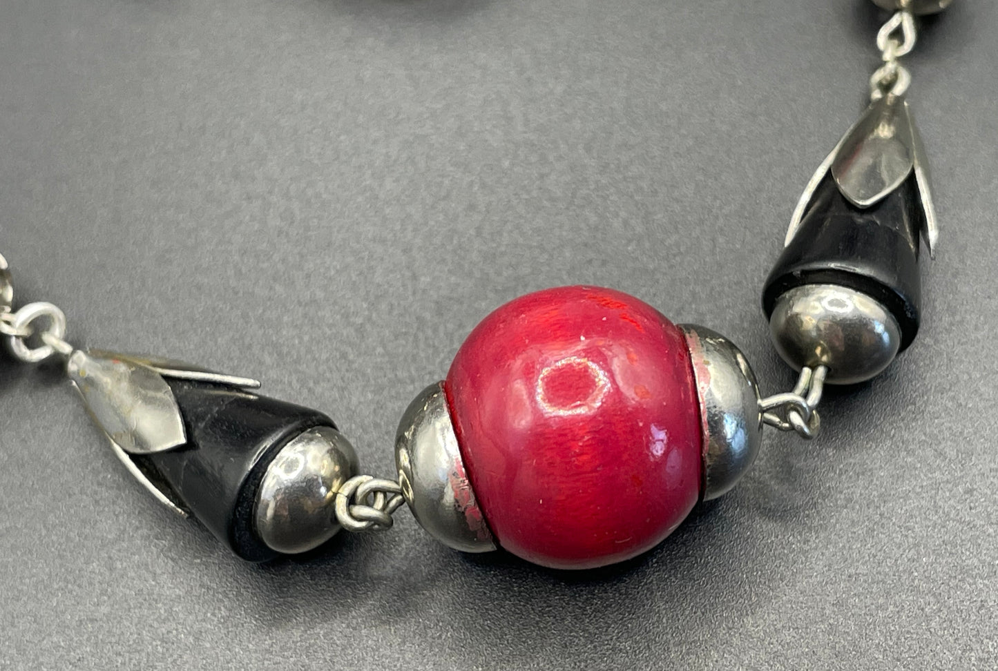 Vintage Jakob Bengel Art Deco machine age silver tone / chrome with deep cherry red and black galalith bead geometric double strand necklace