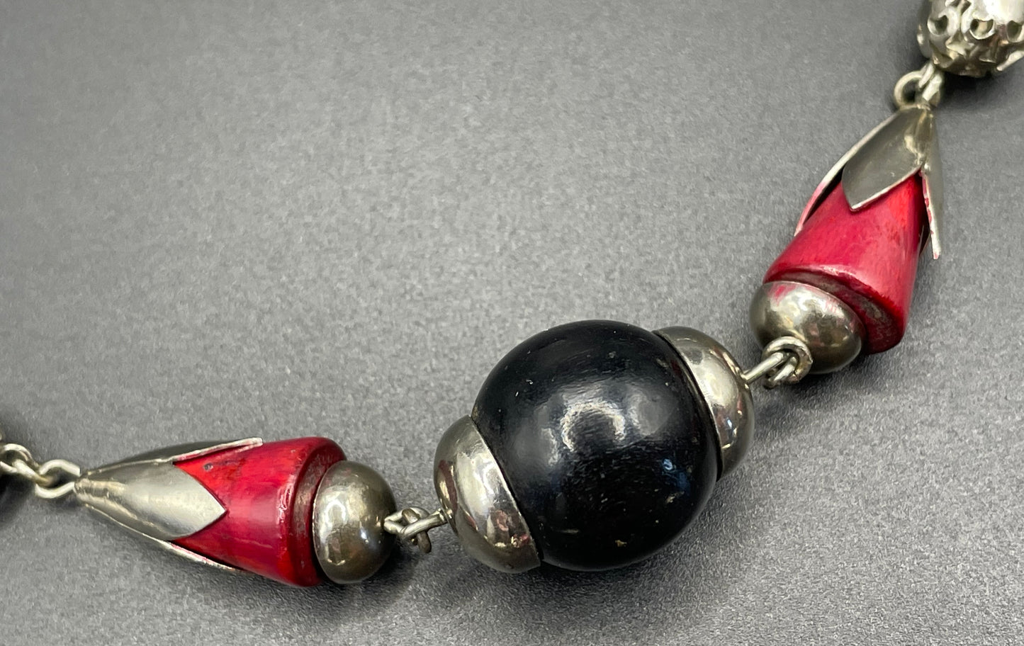 Vintage Jakob Bengel Art Deco machine age silver tone / chrome with deep cherry red and black galalith bead geometric double strand necklace
