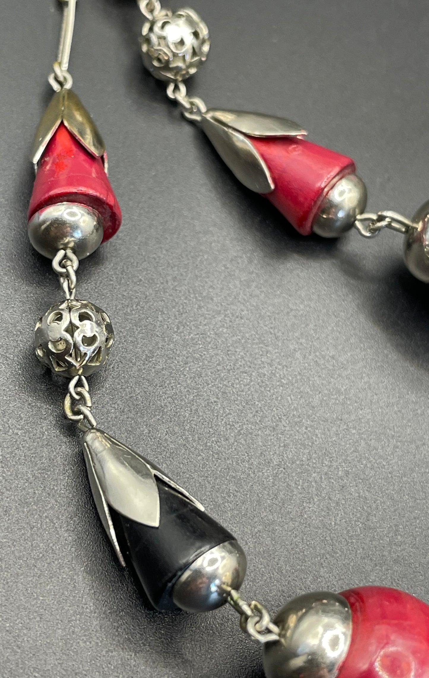 Vintage Jakob Bengel Art Deco machine age silver tone / chrome with deep cherry red and black galalith bead geometric double strand necklace