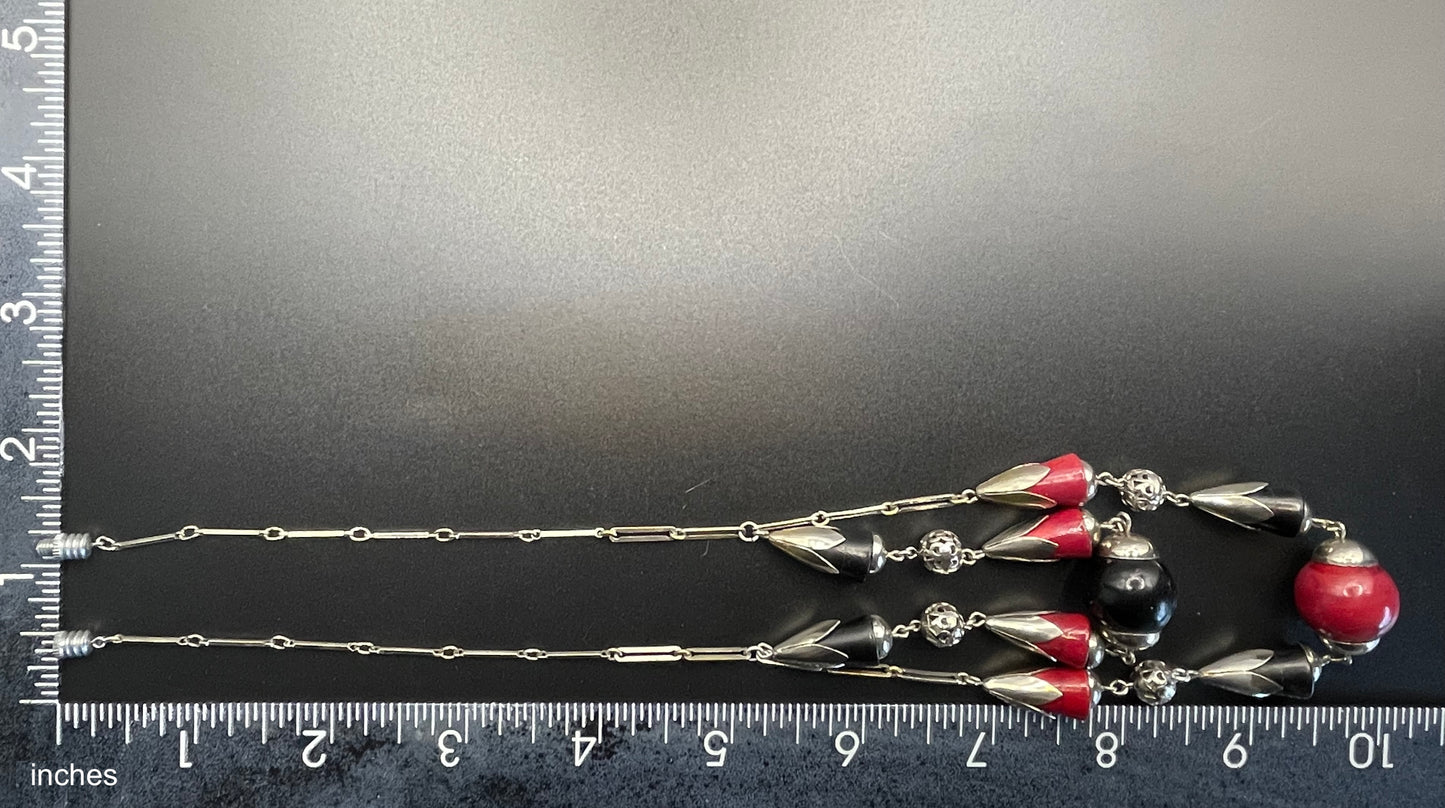 Vintage Jakob Bengel Art Deco machine age silver tone / chrome with deep cherry red and black galalith bead geometric double strand necklace