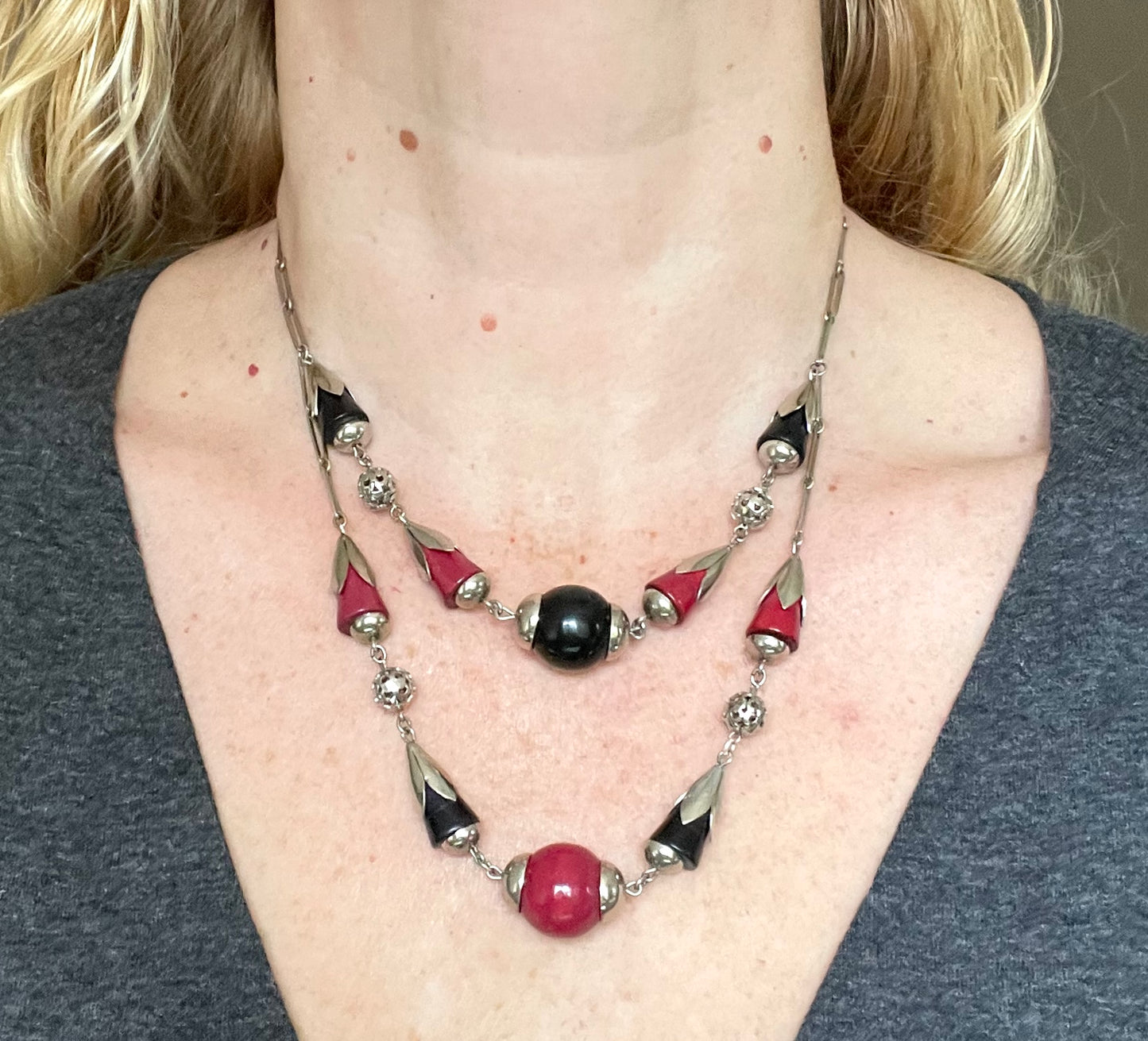 Vintage Jakob Bengel Art Deco machine age silver tone / chrome with deep cherry red and black galalith bead geometric double strand necklace