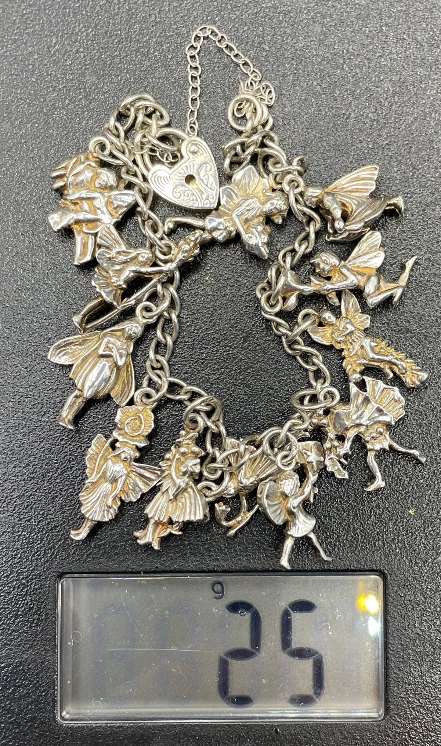 Vintage Cicely Mary Barker Flower Fairies 925 sterling silver fairy charm bracelet hallmarked by ASJ jewellers, 25 grams