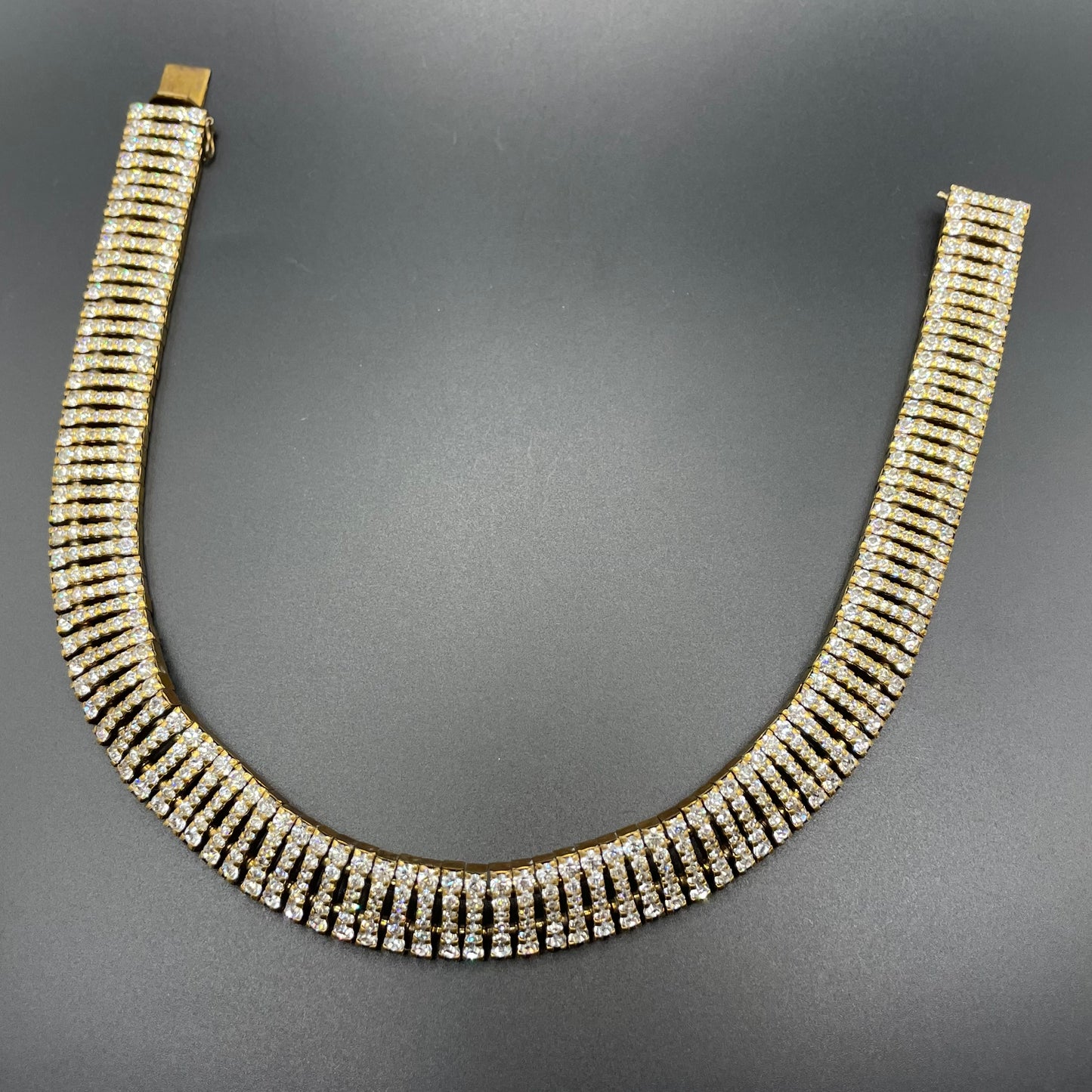 Vintage Schreiber and Hiller Art Deco clear paste rhinestone and gold tone choker cocktail necklace (unsigned)