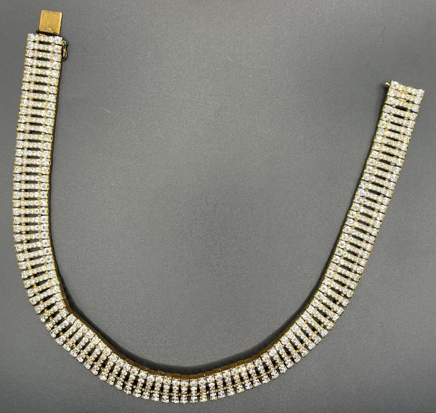 Vintage Schreiber and Hiller Art Deco clear paste rhinestone and gold tone choker cocktail necklace (unsigned)