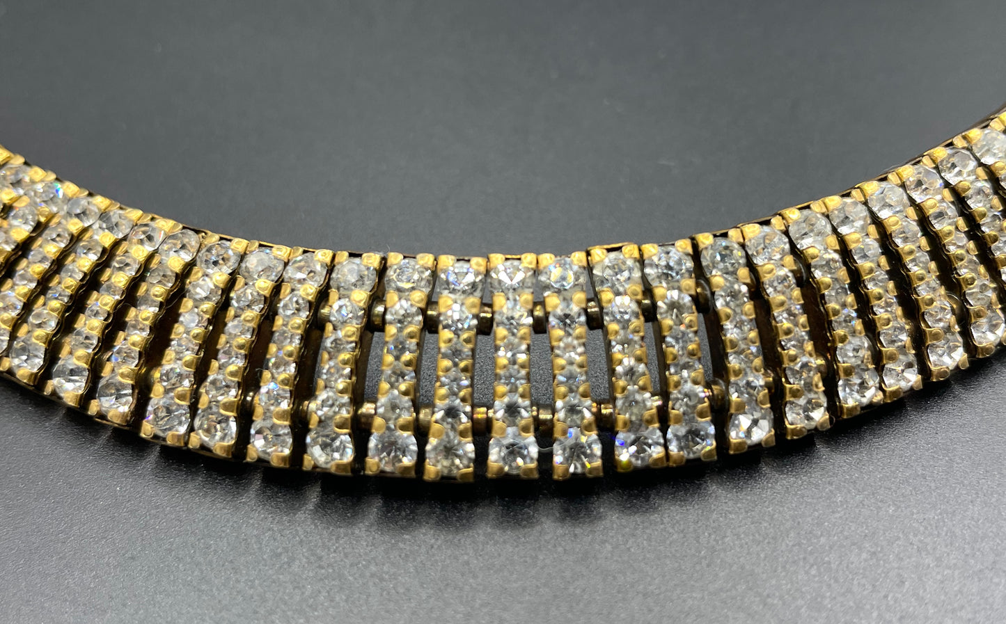 Vintage Schreiber and Hiller Art Deco clear paste rhinestone and gold tone choker cocktail necklace (unsigned)