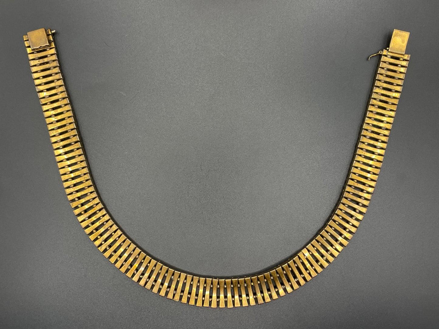 Vintage Schreiber and Hiller Art Deco clear paste rhinestone and gold tone choker cocktail necklace (unsigned)