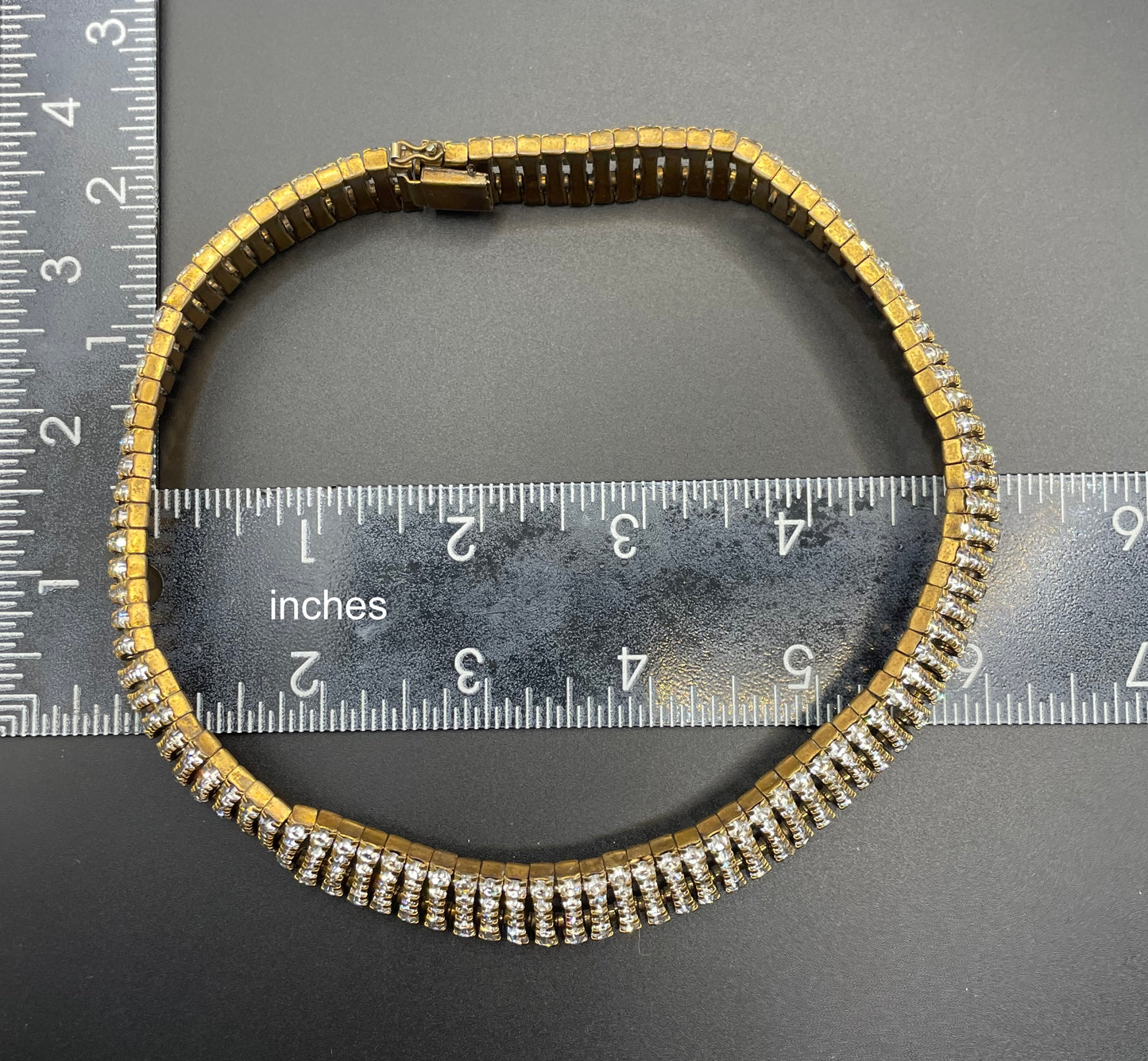 Vintage Schreiber and Hiller Art Deco clear paste rhinestone and gold tone choker cocktail necklace (unsigned)