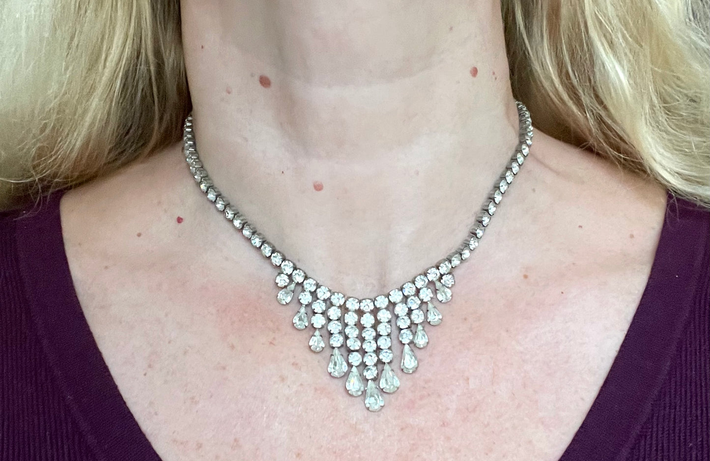 Vintage sterling silver stamped 'ster silver' ice clear rhinestone fringe necklace, signed 'prov pat'
