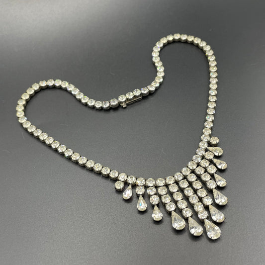 Vintage sterling silver stamped 'ster silver' ice clear rhinestone fringe necklace, signed 'prov pat'