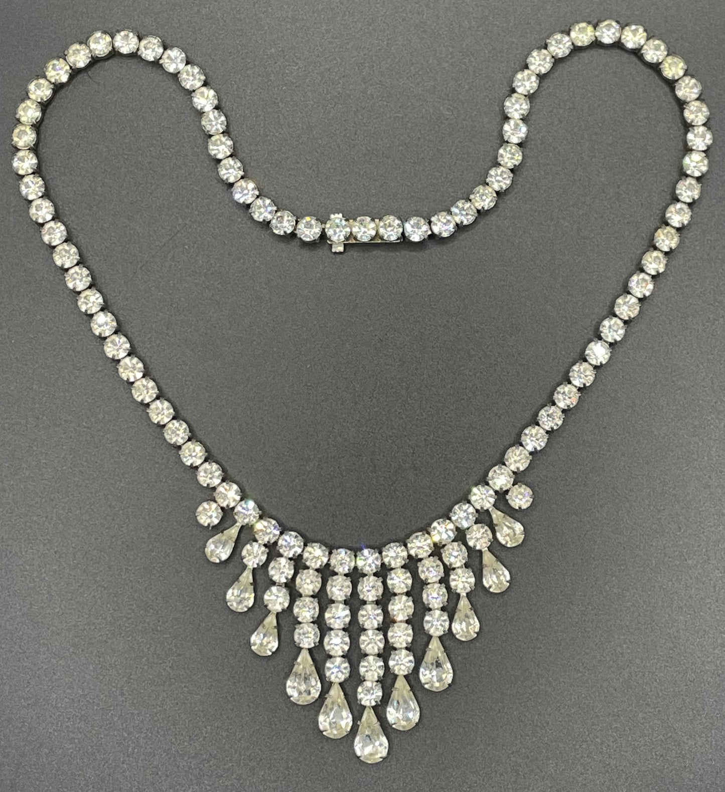 Vintage sterling silver stamped 'ster silver' ice clear rhinestone fringe necklace, signed 'prov pat'