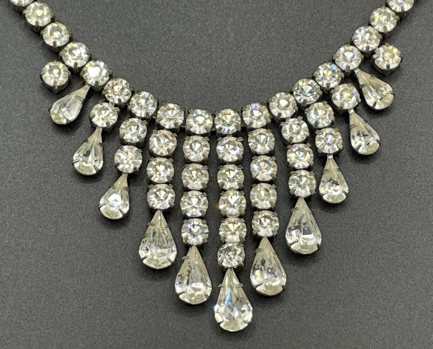 Vintage sterling silver stamped 'ster silver' ice clear rhinestone fringe necklace, signed 'prov pat'