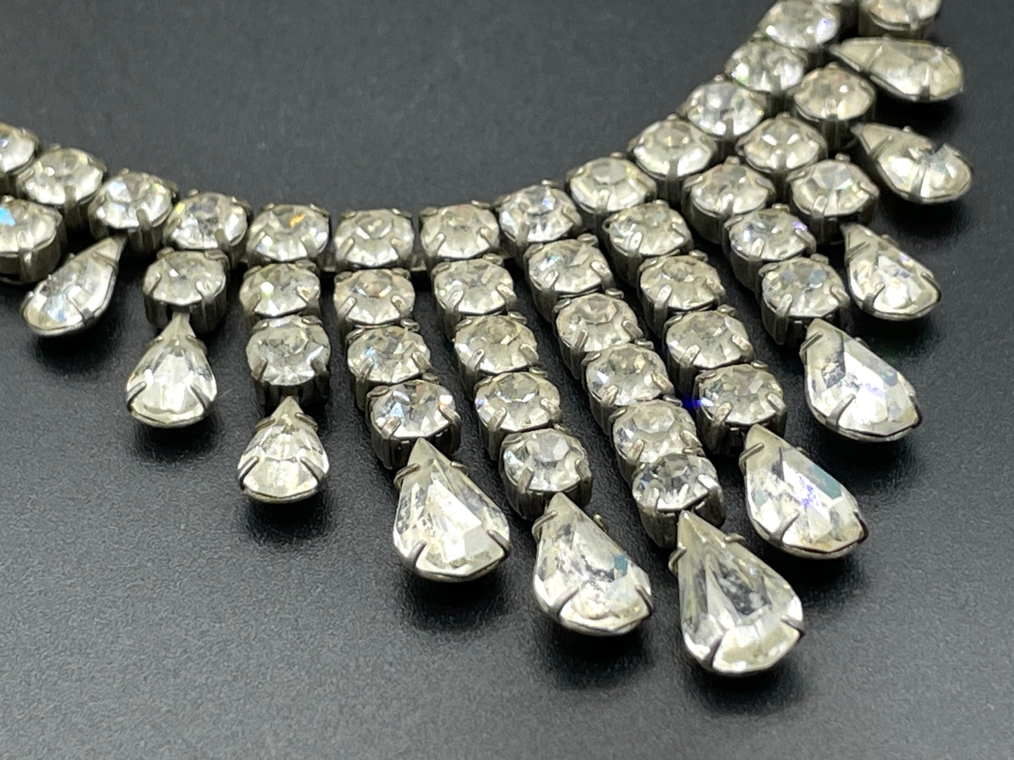 Vintage sterling silver stamped 'ster silver' ice clear rhinestone fringe necklace, signed 'prov pat'