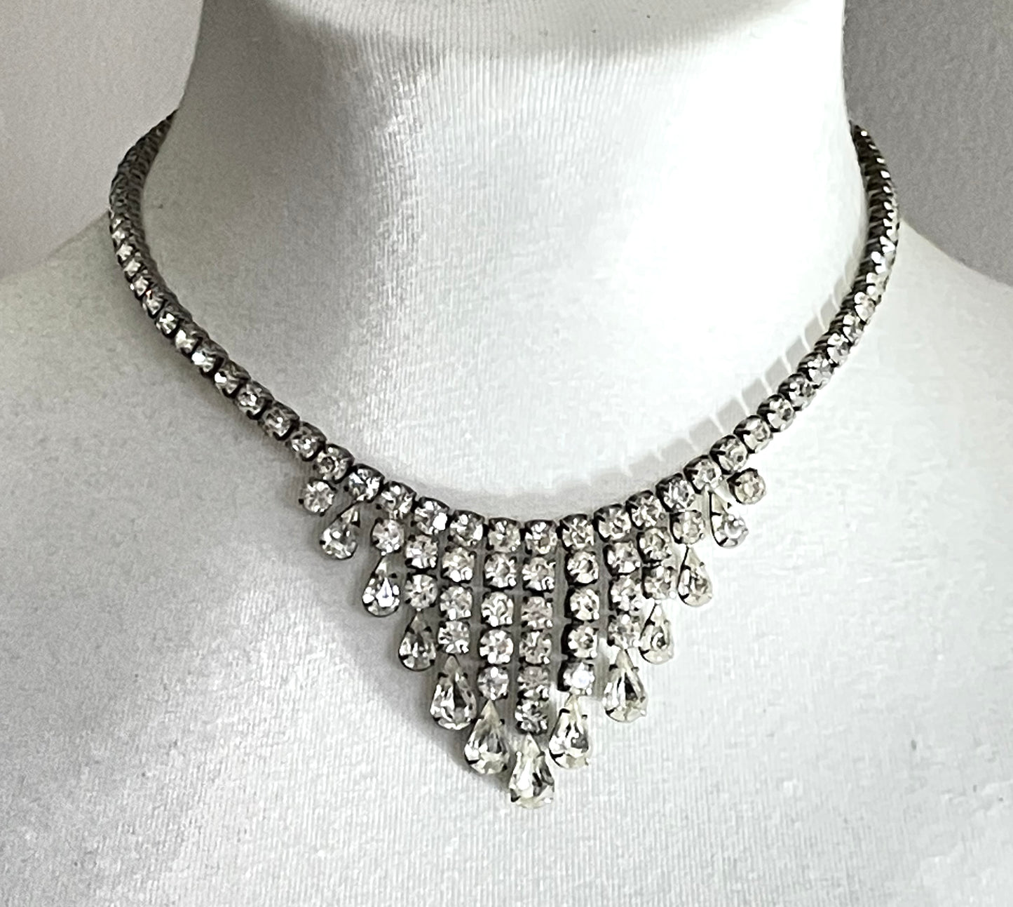 Vintage sterling silver stamped 'ster silver' ice clear rhinestone fringe necklace, signed 'prov pat'