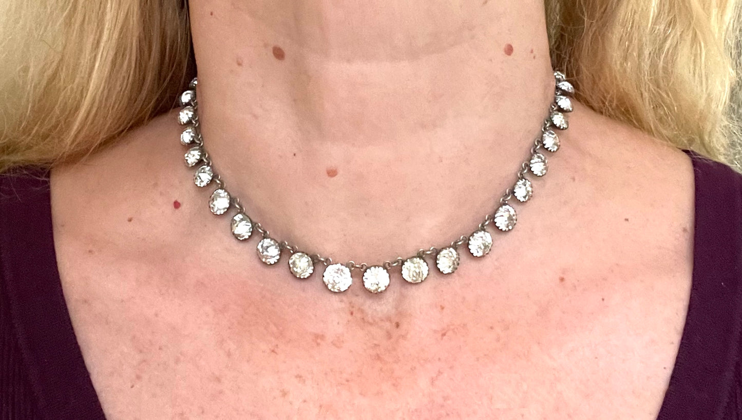 Antique 19th Century post-Georgian Victorian paste riviere necklace, closed cup settings, beautiful foiled rhinestones, gilt metal