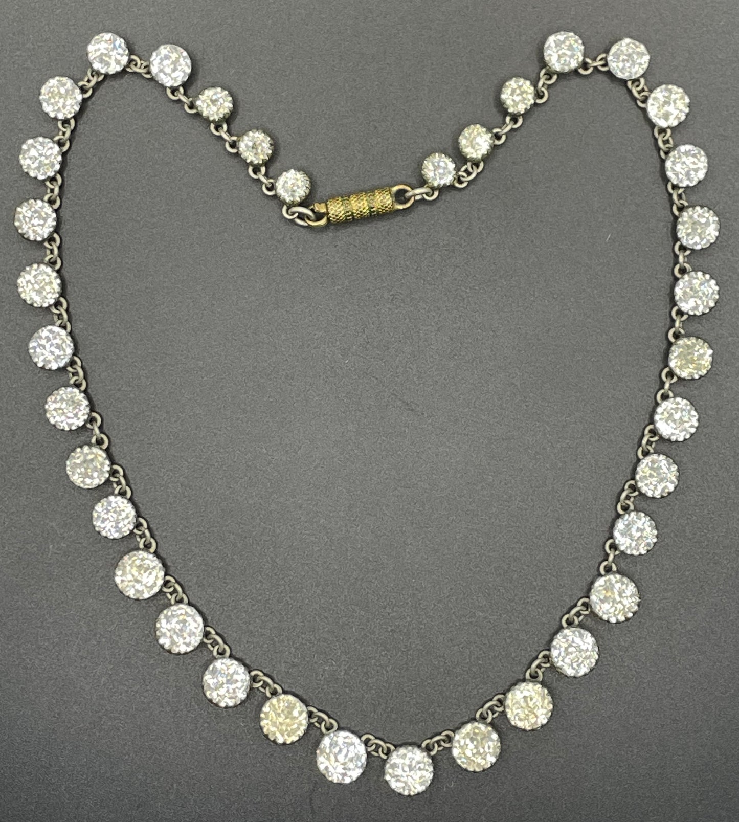 Antique 19th Century post-Georgian Victorian paste riviere necklace, closed cup settings, beautiful foiled rhinestones, gilt metal