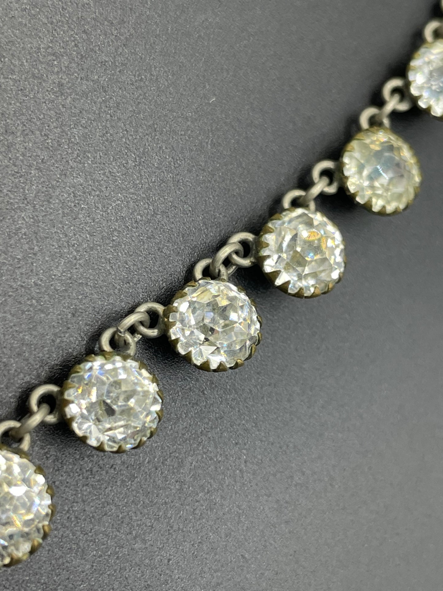 Antique 19th Century post-Georgian Victorian paste riviere necklace, closed cup settings, beautiful foiled rhinestones, gilt metal