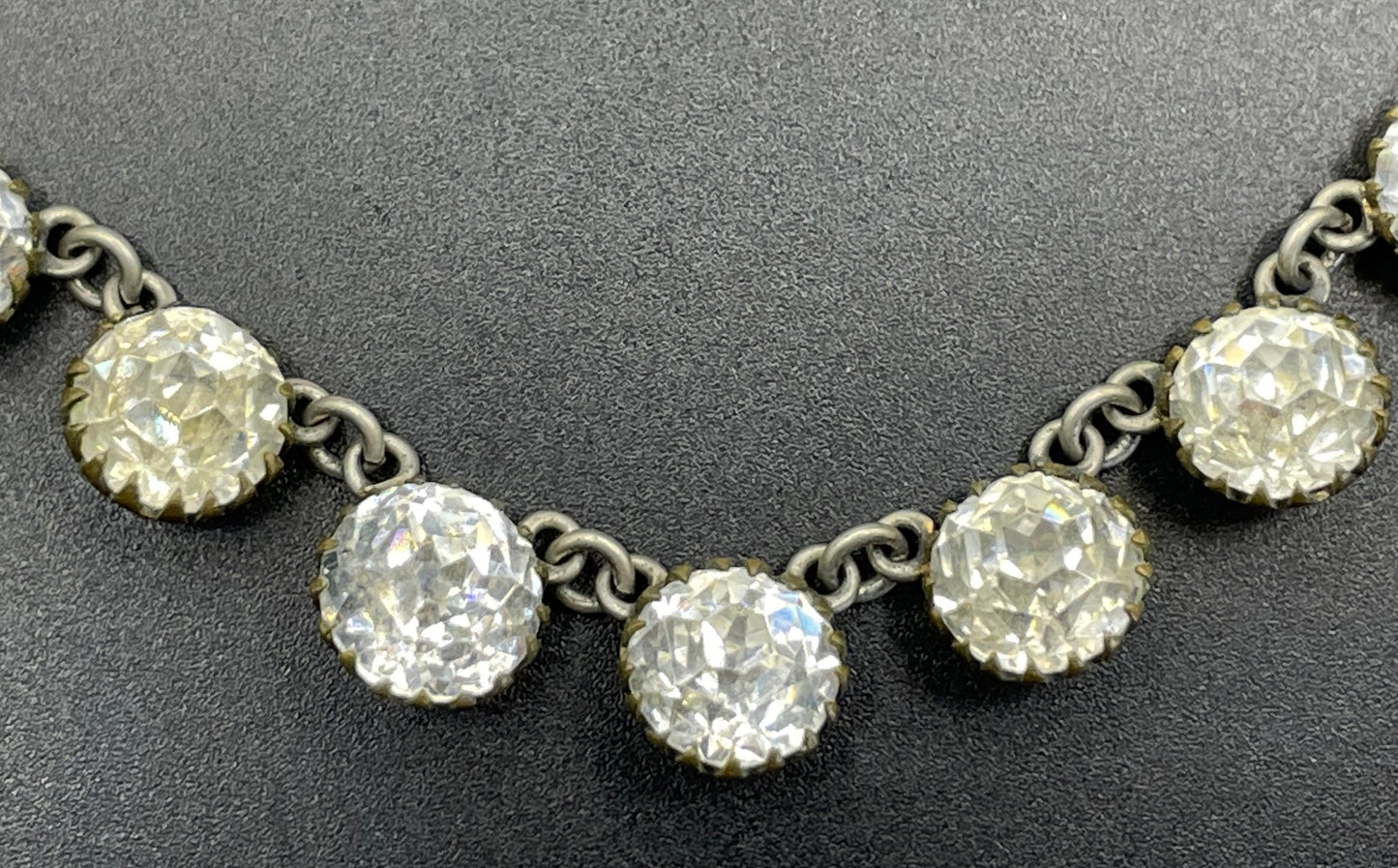 Antique 19th Century post-Georgian Victorian paste riviere necklace, closed cup settings, beautiful foiled rhinestones, gilt metal