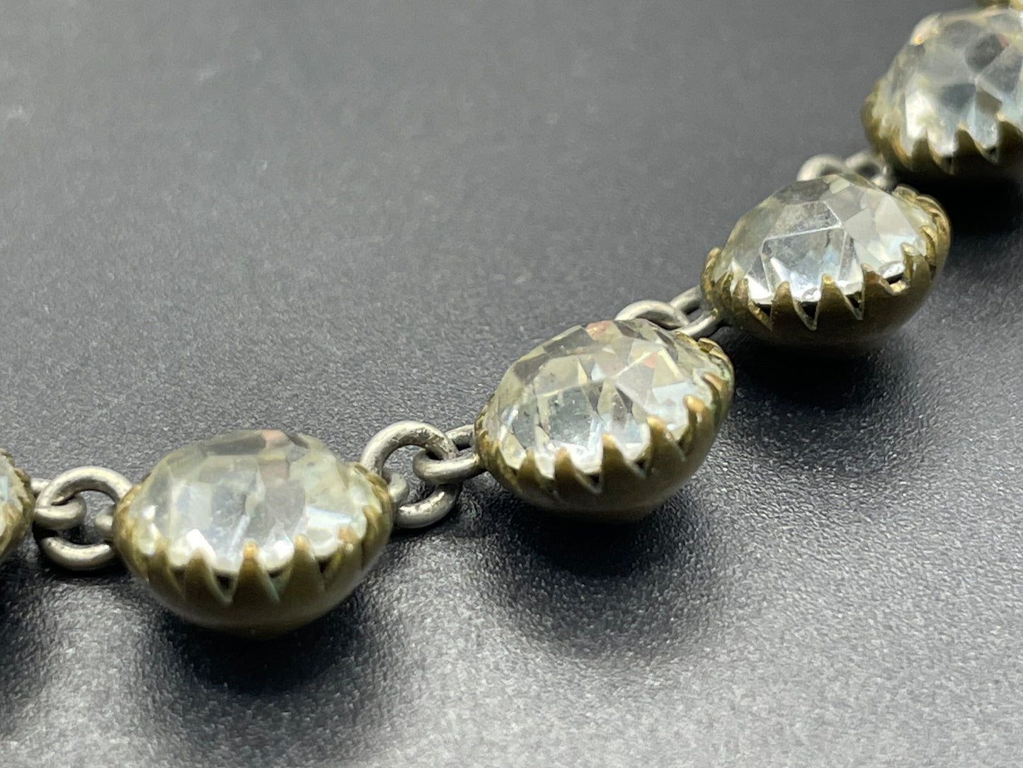 Antique 19th Century post-Georgian Victorian paste riviere necklace, closed cup settings, beautiful foiled rhinestones, gilt metal