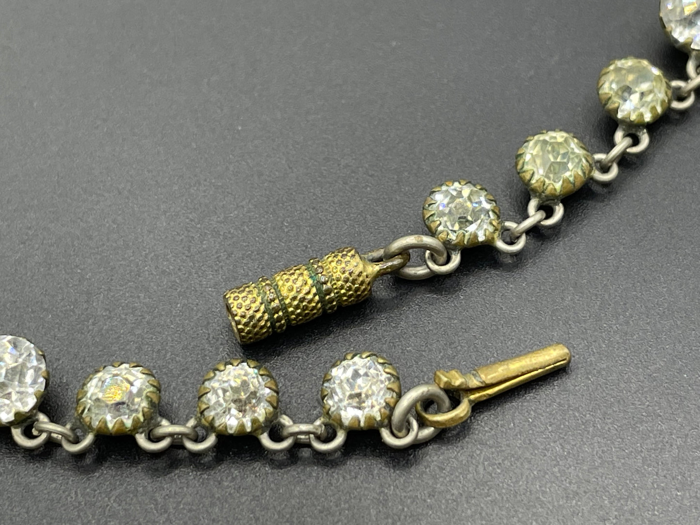 Antique 19th Century post-Georgian Victorian paste riviere necklace, closed cup settings, beautiful foiled rhinestones, gilt metal