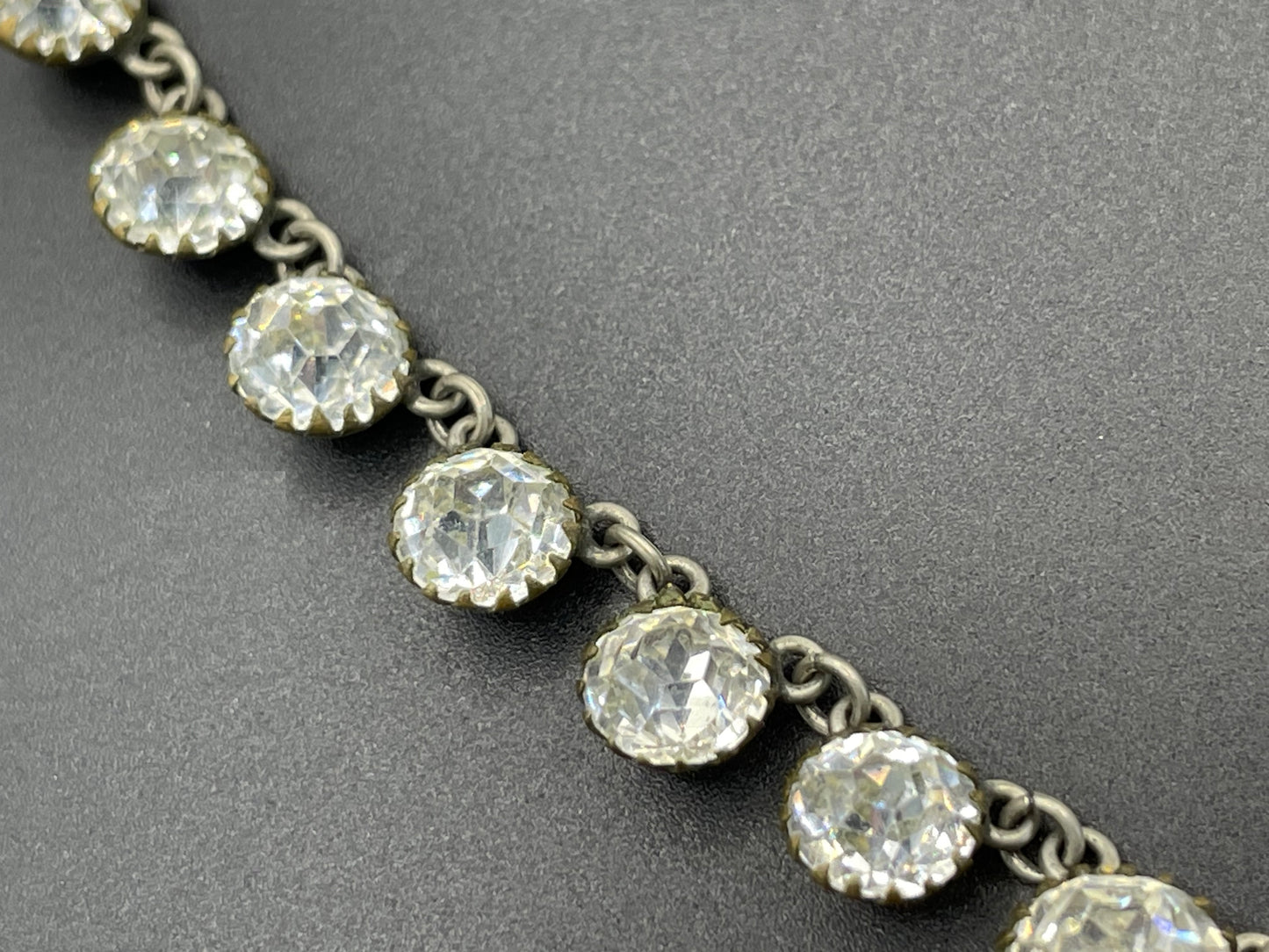 Antique 19th Century post-Georgian Victorian paste riviere necklace, closed cup settings, beautiful foiled rhinestones, gilt metal