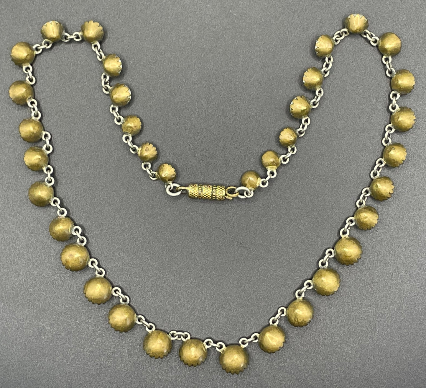 Antique 19th Century post-Georgian Victorian paste riviere necklace, closed cup settings, beautiful foiled rhinestones, gilt metal
