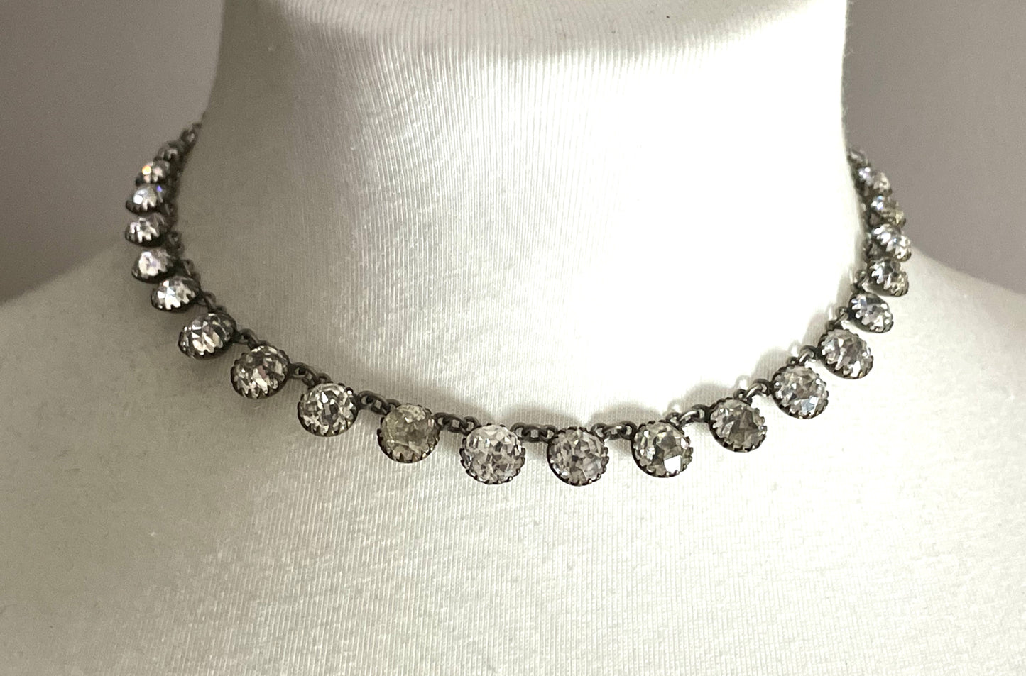 Antique 19th Century post-Georgian Victorian paste riviere necklace, closed cup settings, beautiful foiled rhinestones, gilt metal