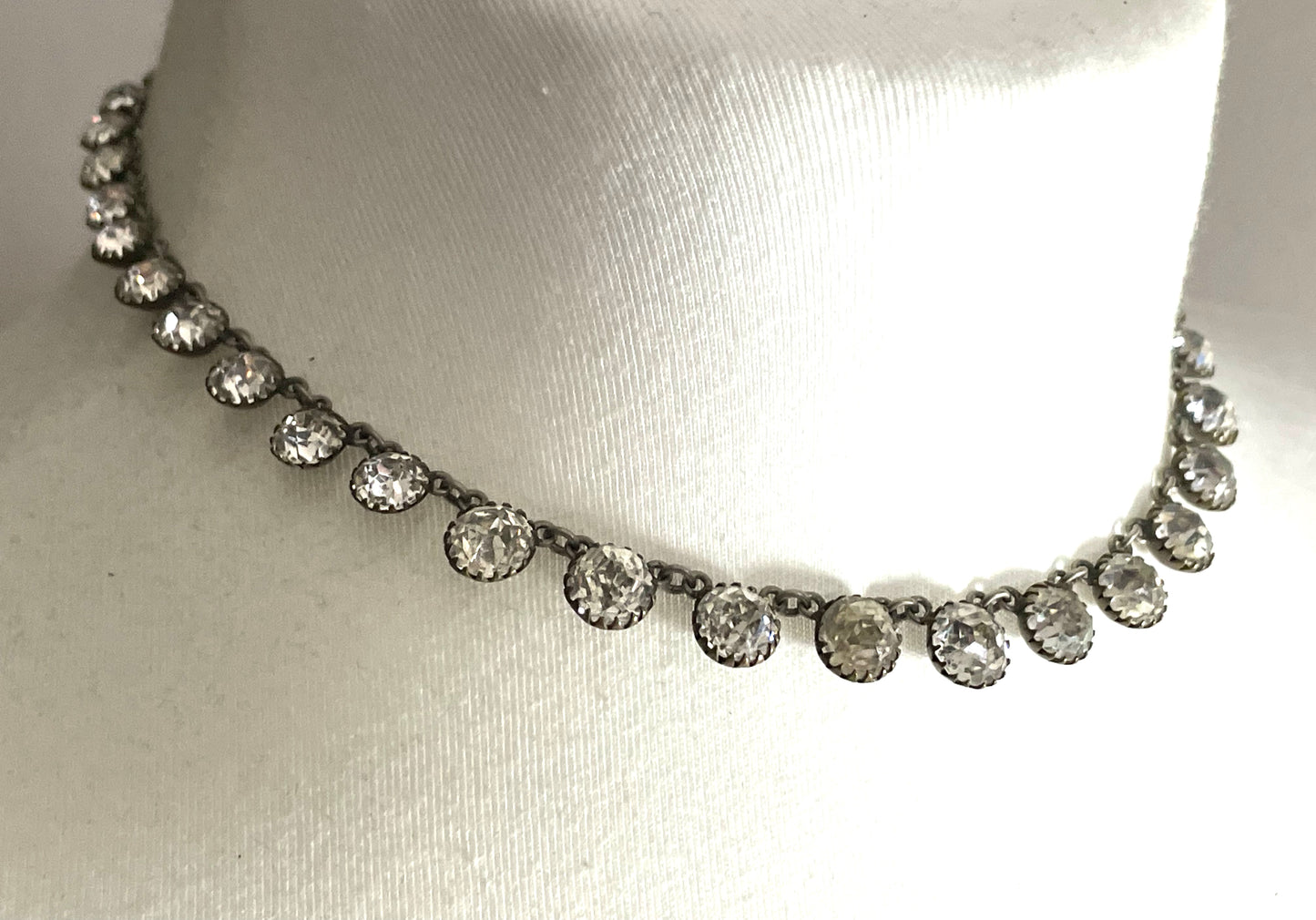 Antique 19th Century post-Georgian Victorian paste riviere necklace, closed cup settings, beautiful foiled rhinestones, gilt metal