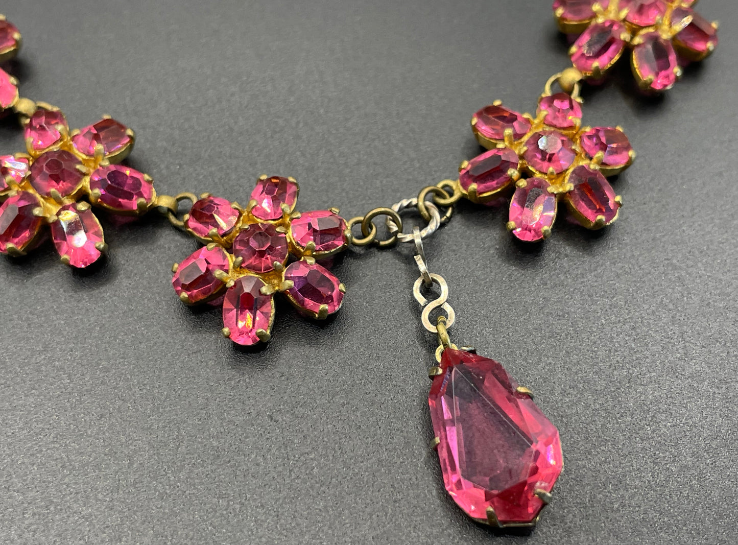 Vintage crystal floral design pink ruby coloured rhinestone necklace and earrings set- bright rhinestones set open-backed in gold tone
