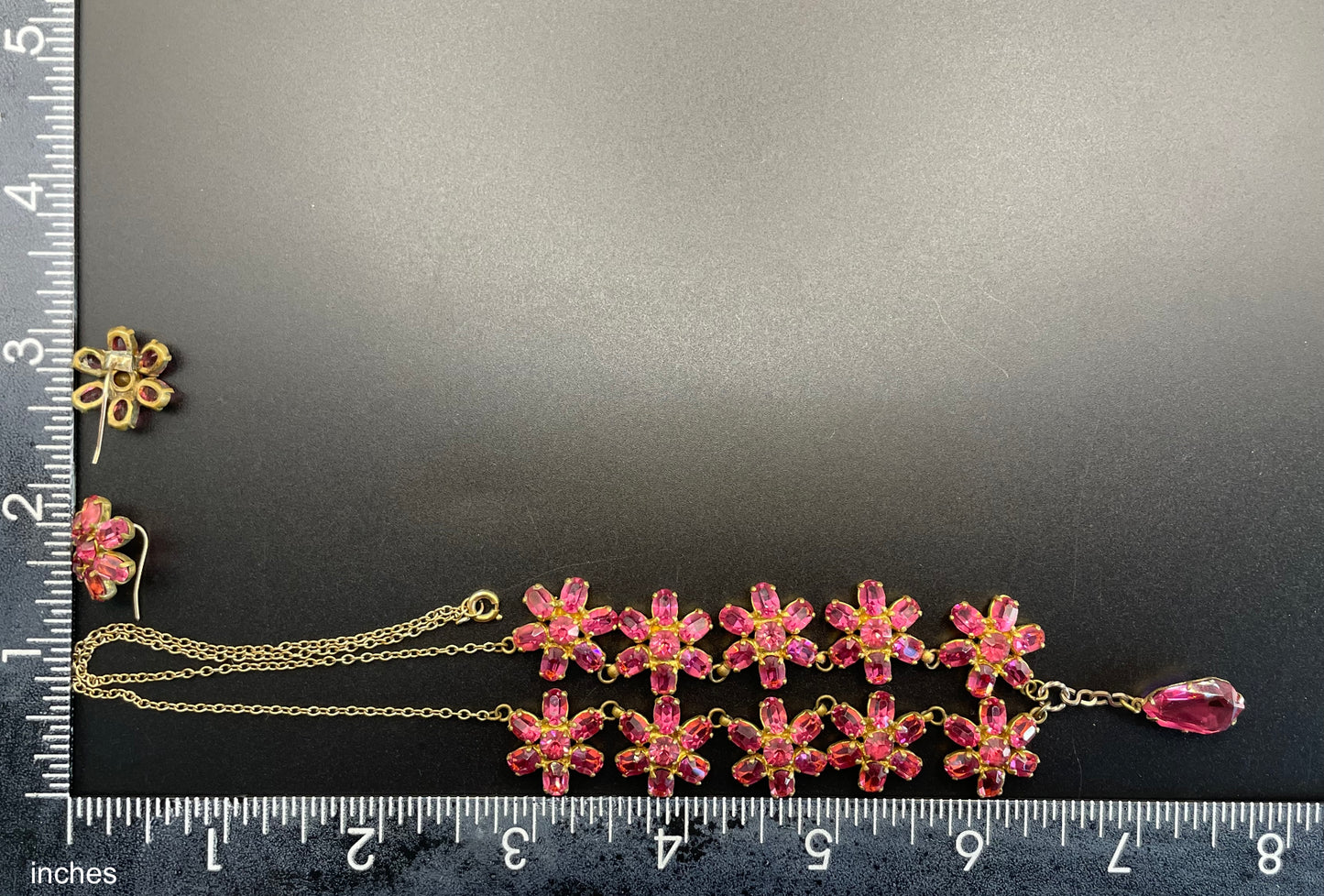 Vintage crystal floral design pink ruby coloured rhinestone necklace and earrings set- bright rhinestones set open-backed in gold tone