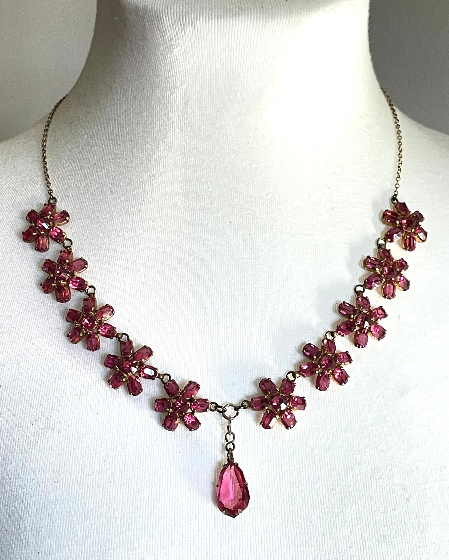 Vintage crystal floral design pink ruby coloured rhinestone necklace and earrings set- bright rhinestones set open-backed in gold tone