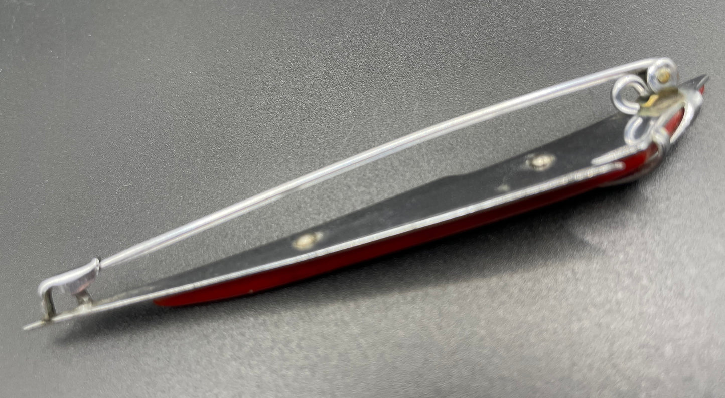 Vintage Jakob Bengel Art Deco machine age, beautiful red galalith and chrome geometric brooch