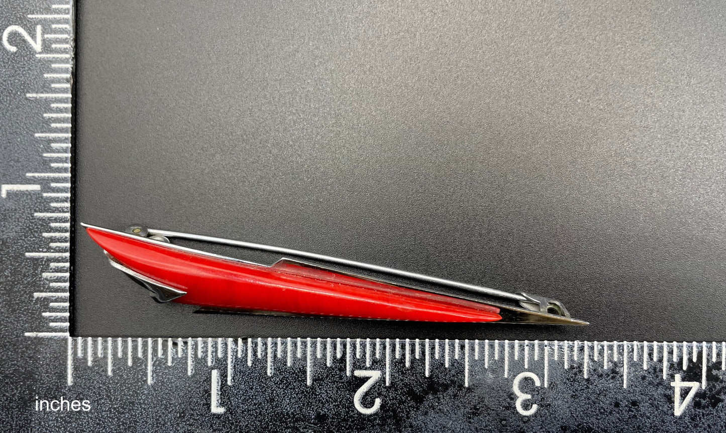 Vintage Jakob Bengel Art Deco machine age, beautiful red galalith and chrome geometric brooch