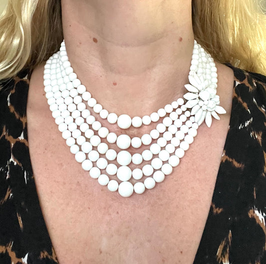 Vintage Art Deco milk glass pure white multi five strand, graduated bead necklace, decorative side clasp with poured glass floral beads