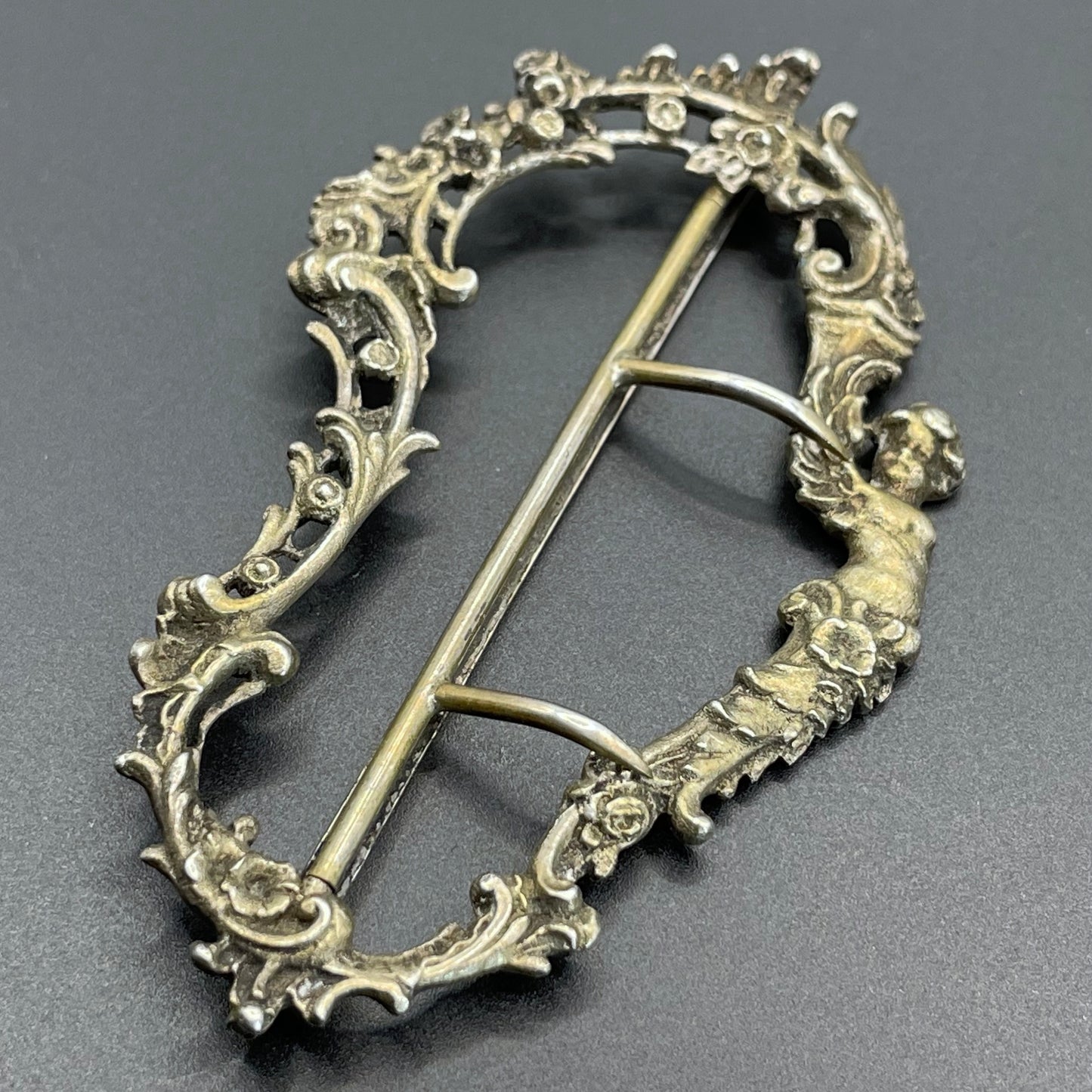Vintage / antique large solid silver gilt Art Nouveau cherub putti belt buckle, stamped DC