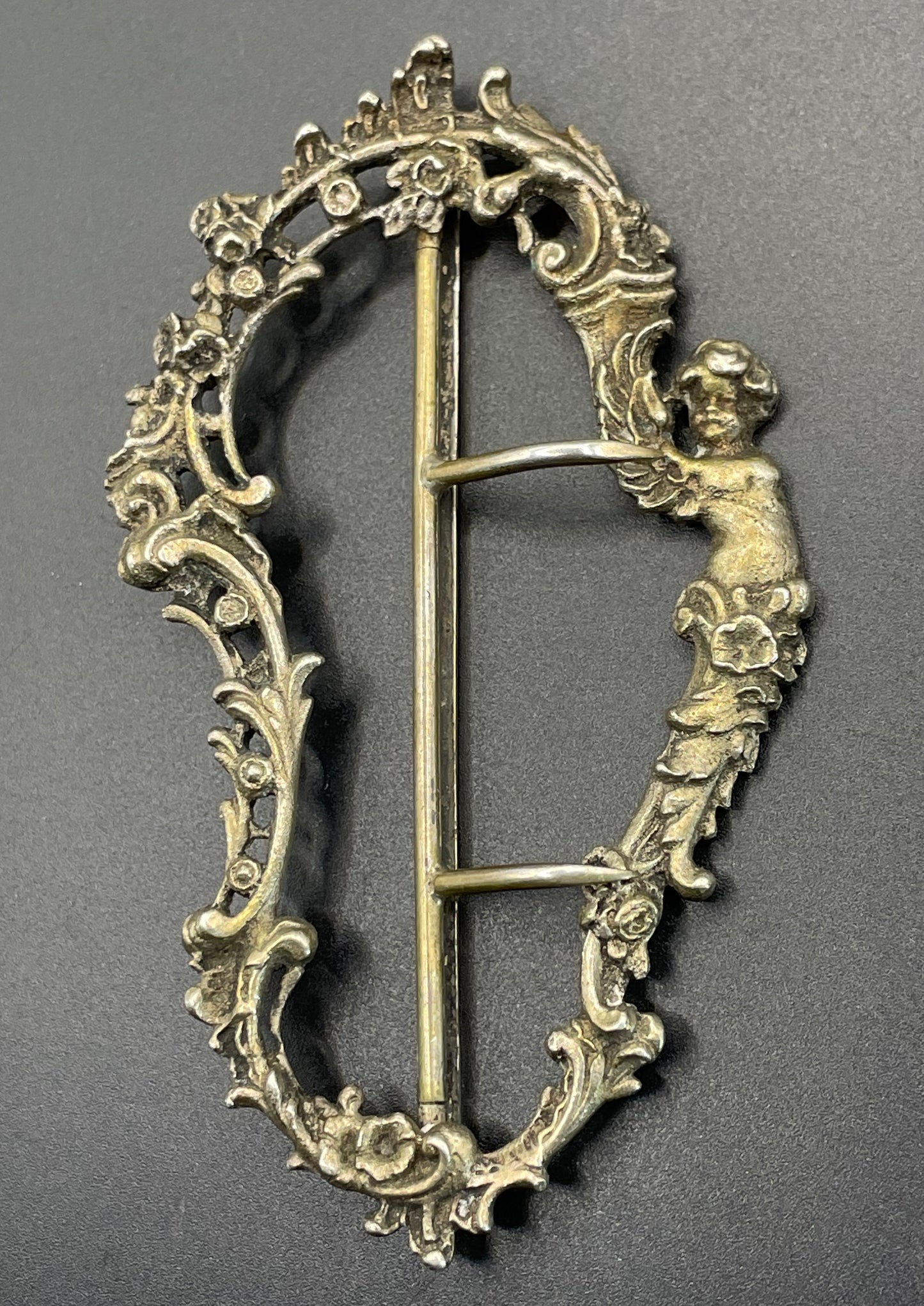 Vintage / antique large solid silver gilt Art Nouveau cherub putti belt buckle, stamped DC