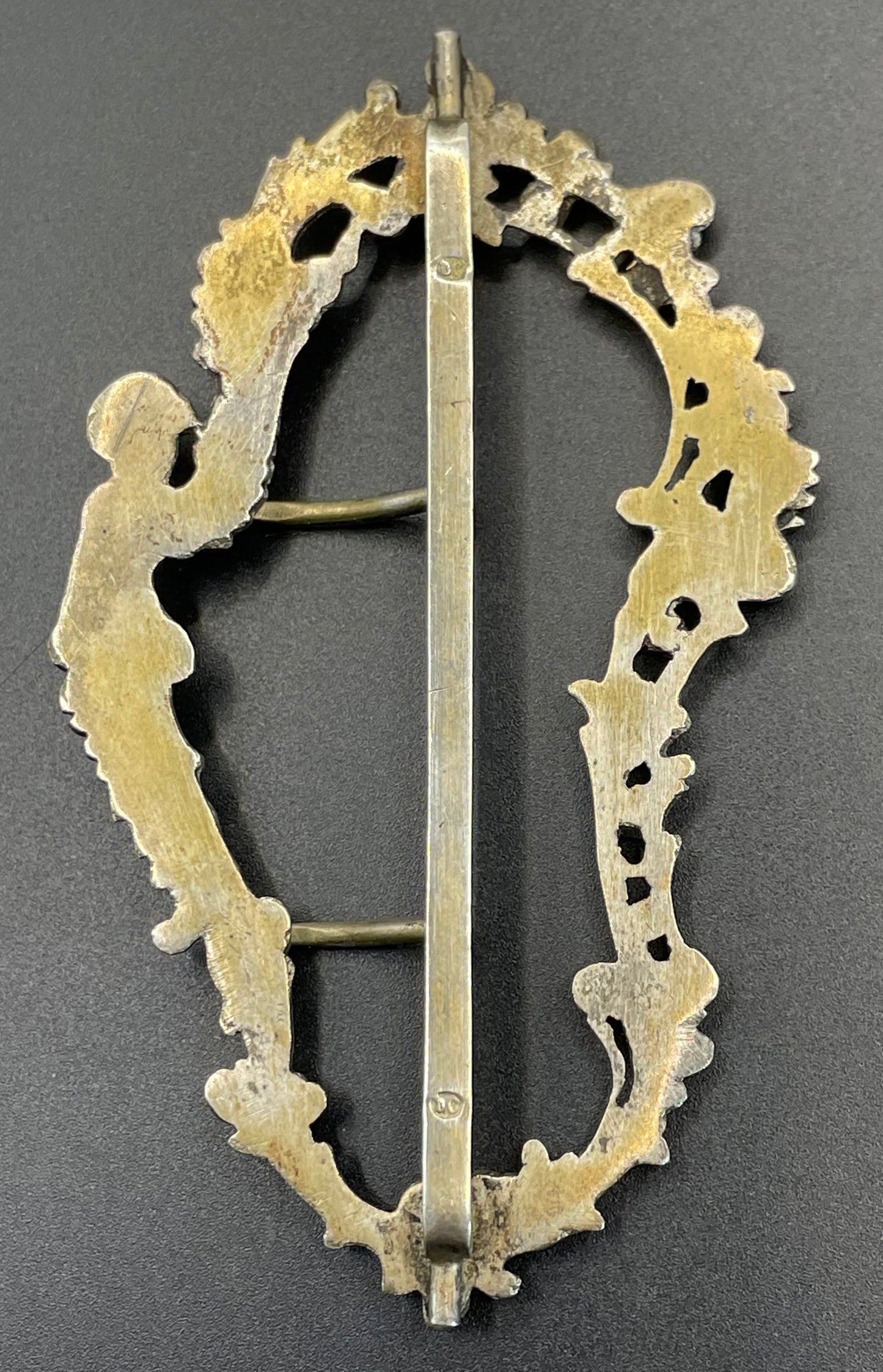 Vintage / antique large solid silver gilt Art Nouveau cherub putti belt buckle, stamped DC