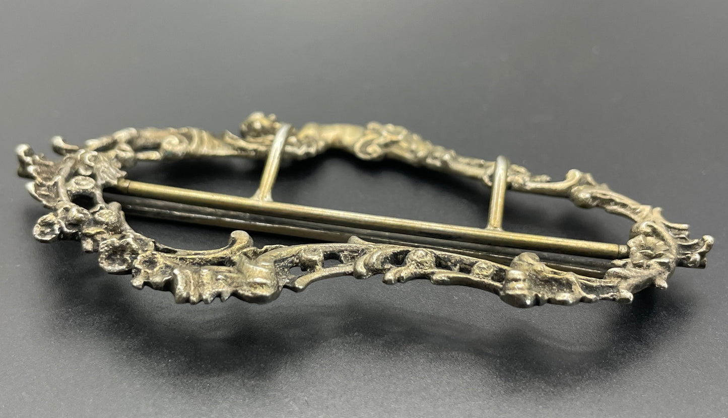 Vintage / antique large solid silver gilt Art Nouveau cherub putti belt buckle, stamped DC