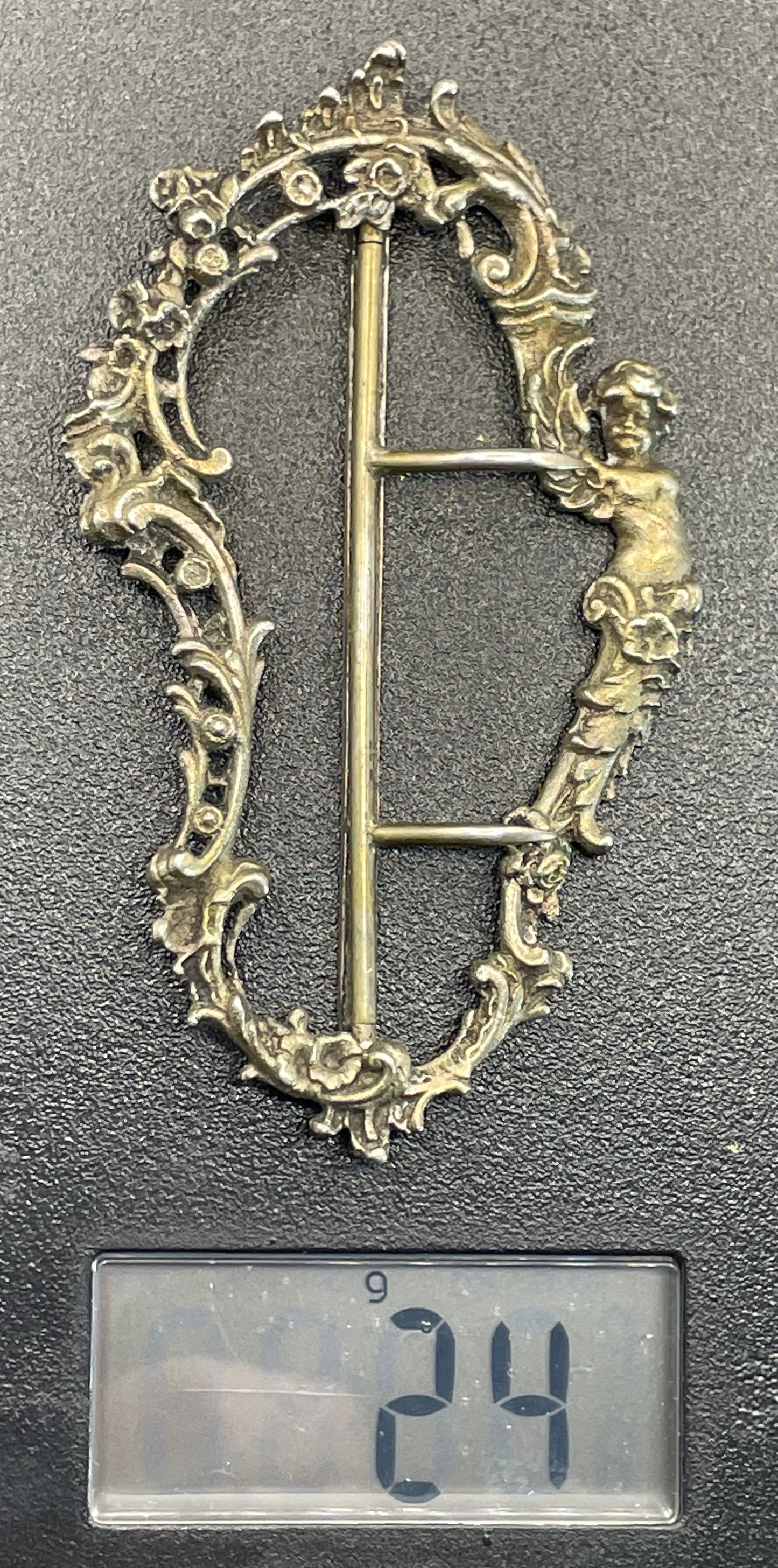 Vintage / antique large solid silver gilt Art Nouveau cherub putti belt buckle, stamped DC
