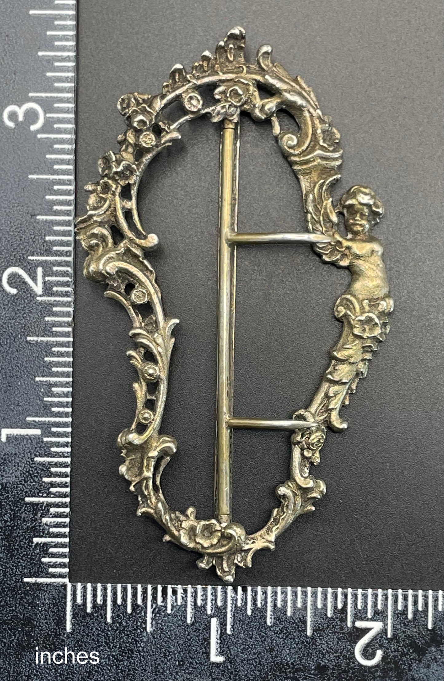 Vintage / antique large solid silver gilt Art Nouveau cherub putti belt buckle, stamped DC