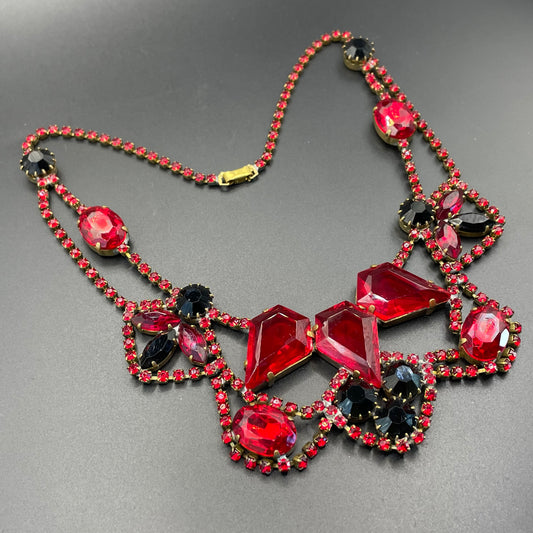 Huge vintage prom or party rhinestone bib necklace, large bright red and jet black Czech rhinestones, heavy glass piece, a real showstopper