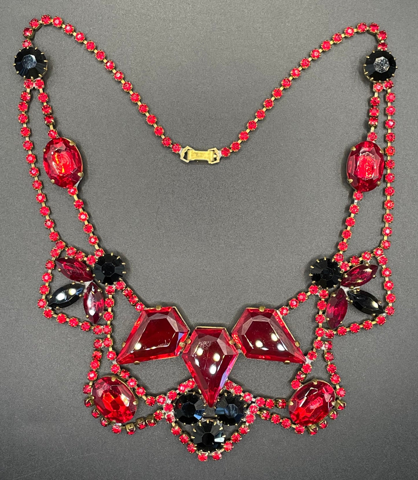 Huge vintage prom or party rhinestone bib necklace, large bright red and jet black Czech rhinestones, heavy glass piece, a real showstopper