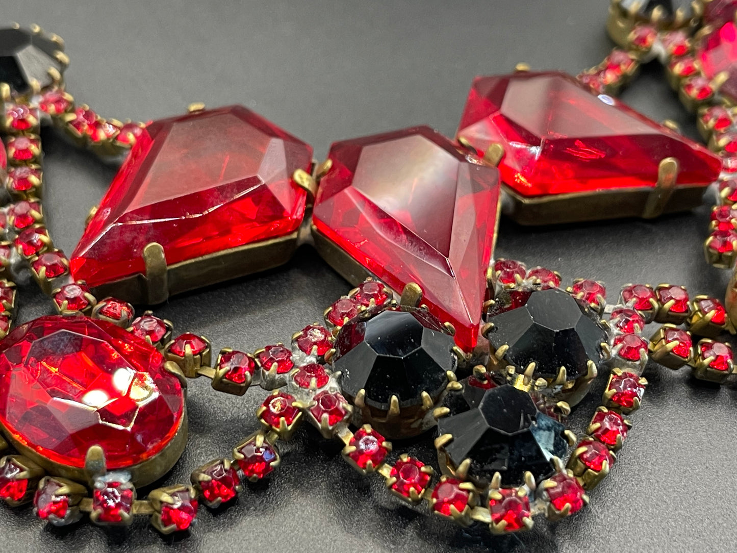 Huge vintage prom or party rhinestone bib necklace, large bright red and jet black Czech rhinestones, heavy glass piece, a real showstopper