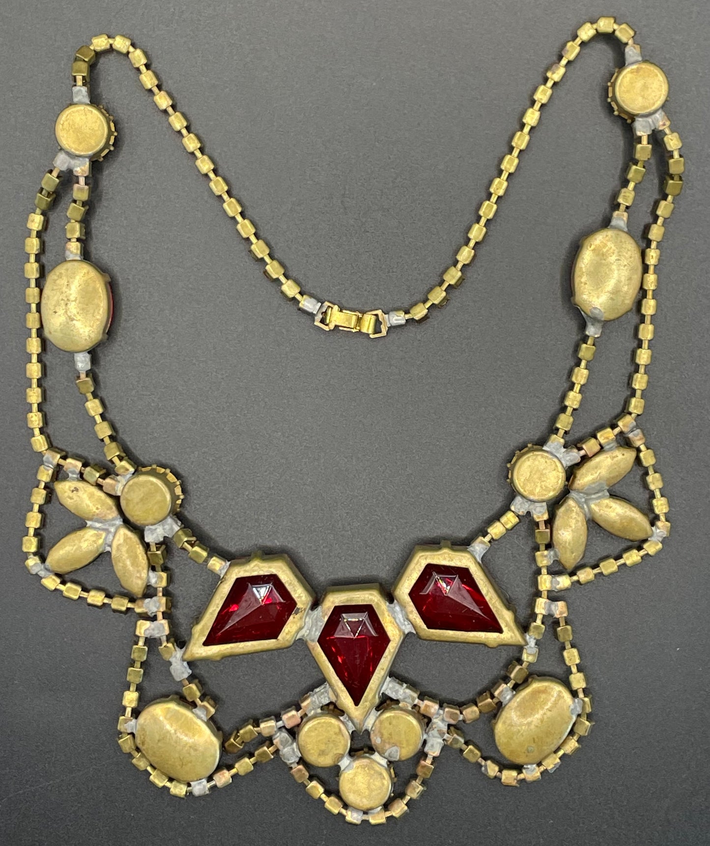 Huge vintage prom or party rhinestone bib necklace, large bright red and jet black Czech rhinestones, heavy glass piece, a real showstopper