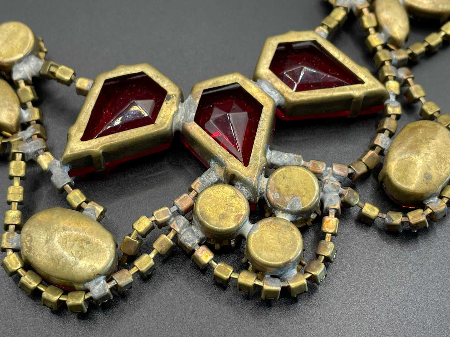 Huge vintage prom or party rhinestone bib necklace, large bright red and jet black Czech rhinestones, heavy glass piece, a real showstopper