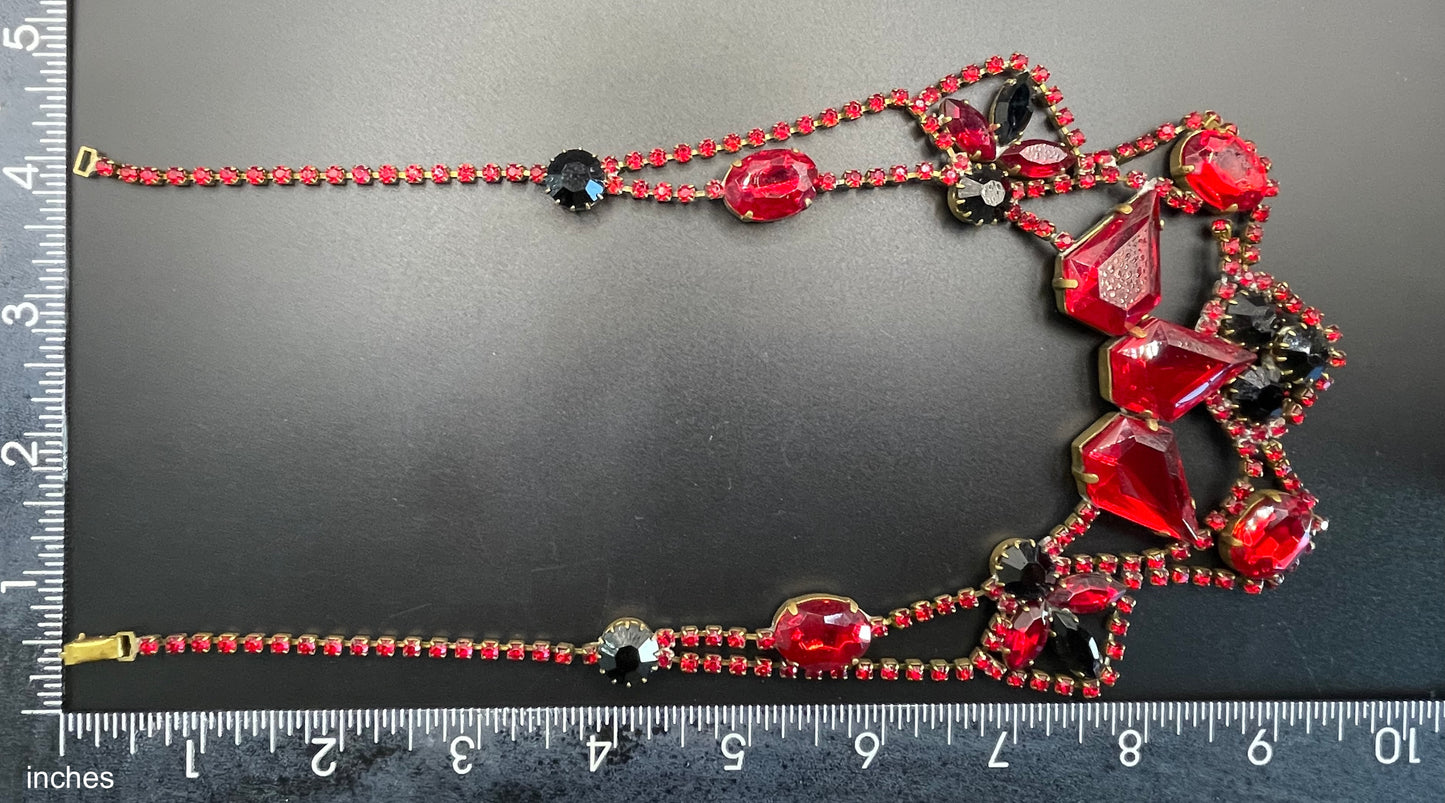 Huge vintage prom or party rhinestone bib necklace, large bright red and jet black Czech rhinestones, heavy glass piece, a real showstopper