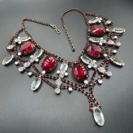Huge vintage rhinestone festoon  bib necklace, large ice clear and garnet red vibrant Czech rhinestones, a heavy glass showstopping piece